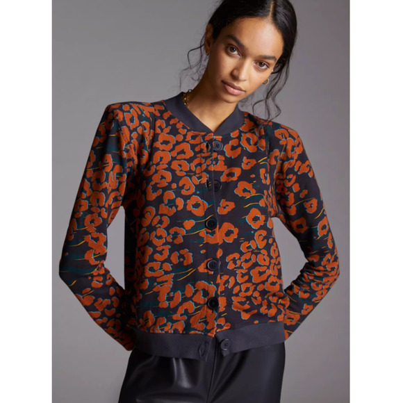 Corey Lynn Calter Womens Size Medium Orange Rust Leopard Cardigan Button Front - Picture 2 of 9